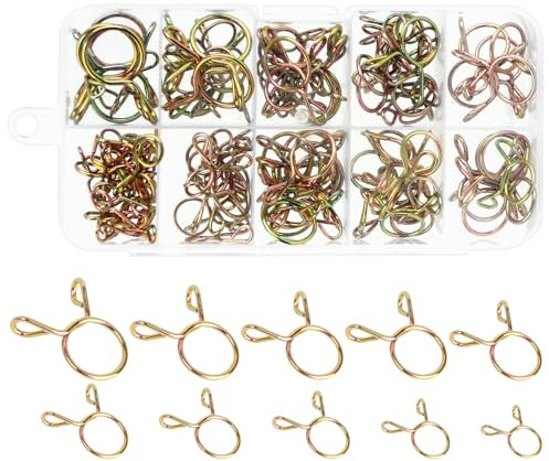 100Pcs 5-14mm Hose Spring Clamps, M5-14 Fuel Line Clips Tubing Spring Clips Fastener Double Wire Hose Clamp for Fuel Pipe Water Pipe Silicone & Vacuum Hoses Motorcycle Scooter (Gold 10 Sizes)