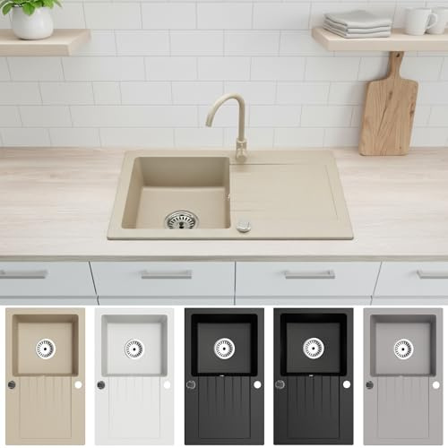 Faizee Home | Spülbecken Granit Beige 75x44 cm | Hochwertige Küchenspüle & Einbauspüle | Eckiges Spülbecken | Beidseitig montierbare Granitspüle | Einbaugranitspüle ab 45 cm | Inkl. Siphon-Set