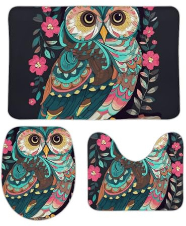 3 Piece Bath Mat Set Anime Owl U Shape Wc Toilet Rug Warmer Durable Shower Mats, For Indoor, Outdoor, Bedroom
