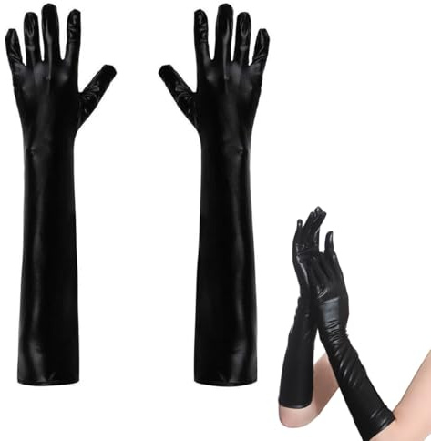 OUDQFCJ 1 Paar Damen Lange Glänzende Leder-Optik Abendhandschuhe Geeignet für Halloween,Weihnachten,Hochzeitsfeiern (50cm) (Schwarz)