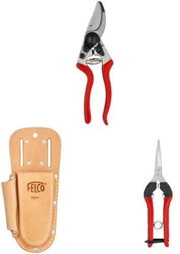 FELCO 9 Linkshänder-Gartenschere mit Lederholster 910+ und Leseschere 322 – Linkshänderset für Reben- und Blumenschnitt
