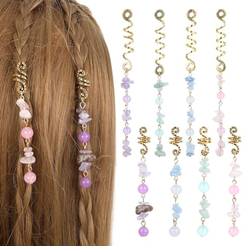 8 Stück Dreadlocks Schmuck,Verstellbar Haarperlen zum Klipsen,Perlen Braids Haarschmuck,Haarschmuck Festival mit Farbigen Natürlicher Kristallstein für Braids Zubehör Dekoration