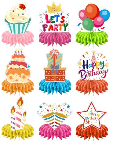 9 Stück Tischdeko Geburtstag, Bunte Happy Birthday Deko, Geburtstag Bienenwabe Deko, Tischdeko Party, Partyzubehör