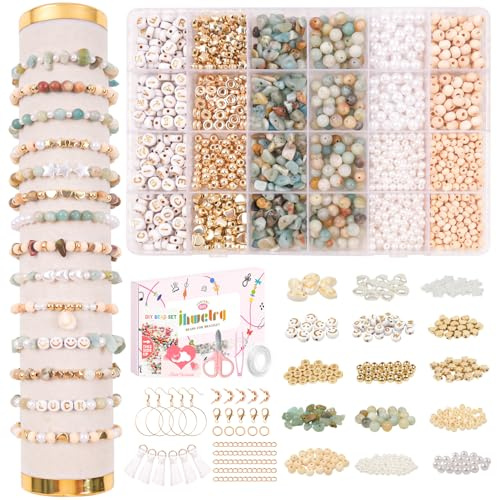 OIOYCLG 1500 DIY Schmuck Set mit Perlen für Armbänder,Natürliche Amazonit Edelstein,Gold-Buchstaben,Smiley & Stern Anhänger Perlenbox und Werkzeuge – Ideal für Mädchen,Geschenke&Kreativbasteln