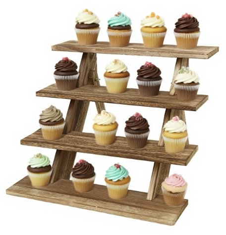 Liwankaqi 4-Tier Cupcake Stand Wood, Wooden Display Riser Stand Party Serving Tray for Cupcakes, Rustic Cake Display Stand Wooden for Birthday, Cady, Bar, Home Party, Weddings Decor