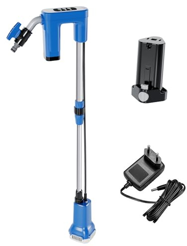FOTING Akku Regenfasspumpe 12 V 1500 l/h mit 3 Modi, Förderhöhe 15 m, max. Korngröße 0,5 mm, Mindestwasserstand 30 mm, Eintauchtiefe 0,8 m, Absperrhahn, Teleskopverstellung, inkl. Akku und Ladegerät
