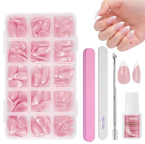 BUTBU 240 Stück Falsche Nägel Tips Set, 15 Größen Französisch falsche nägel Zum Aufkleben, French Press On nail set, Fake nails mit Kleber für Damen Und Frauen (Rosa Kurze Mandel)