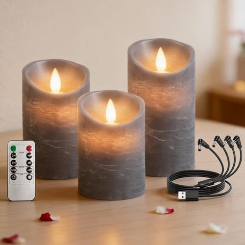 RosMank 3er Set LED-Kerzen, mit 10-Tasten-Fernbedienung, Flammenlos, aus Echtem Wachs, mit Flackernder Flamme, Dekoration für Weihnachten, Geburtstag, Hochzeit und Party, Grau