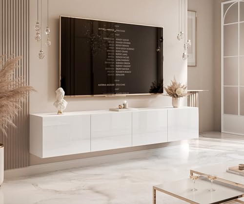IDOHOME 200 cm TV Lowboard Weiß Hochglanz 200cm mit 4 Praktischen Großen Fächern und LED Beleuchtung - TV Board Hängend Passend Für Stilvolle Wohnräume