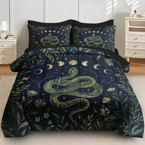 Pinbeam Comforter Set Queen Size, Snake Celestial Botanical 7 Pcs Bedding for Kids and Adults, Moon Witchy Bed Sheet Sets with Fitted Sheet 2 Pillowcases & 2 Shams for Bedroom Bed Decor