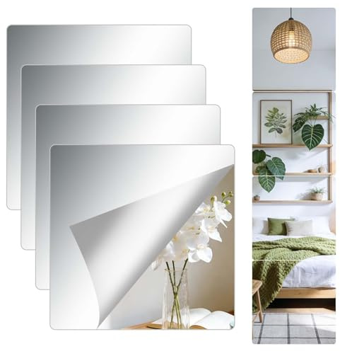 Ytwehela 4 stück Klebespiegel Selbstklebend 25x25 cm HD Klebespiegel Spiegel, Selbstklebende Fliesenspiegel Spiegel zum Aufkleben für Wand Schule Zuhause Wohnzimmer Badezimmer Schlafzimmer