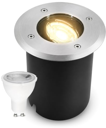 SSC-LUXon JUAVI Bodeneinbaustrahler silber rund IP67 GU10 2W warmweiß | Befahrbarer Bodenstrahler bis 2000kg - schwenkbar, warmweiß, für Wege, Beete & Treppe, IP67, inkl. GU10 LED