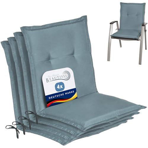 Beautissu 4er Set Niedriglehner Auflage Gartenstuhl mit Schaumkern Füllung | 100x50x6cm Taubenblau Sitzkissen Niederlehner Rückenkissen niedrig Stuhlkissen Kissen Gartenstuhlauflagen Sitzauflage Loft NL