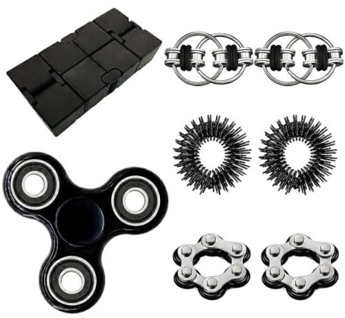 Fidget Cube mit 8 Teilen, Fidget Toys Set mit Anti Stress Würfel, Skills Set Stress Erwachsene für Konzentration und Entspannung, Schwarzes Fidget Toy Set, Ideal für Büro und Reise