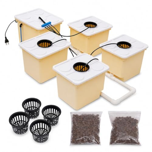 GAOUSD Kit de Seau Hydroponique Système de Culture Hydroponique DWC avec Couverture,Débit de Pompe 300L,11L*5Seaux,pour la Culture en Salle légumes, Fruits, Fleurs