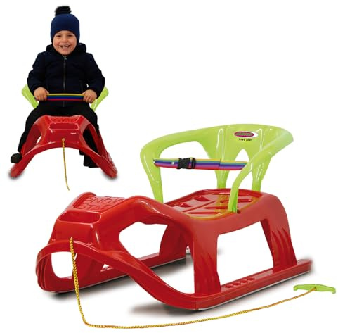 Jamara 460366 red 460366-Snow Play Sled Snow-Star 90cm Metal Runners, Protection Against Tipping, Backrest incl. Safety Strap, 90 cm