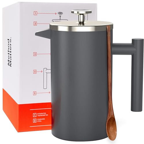 Barista Warrior Prensa francesa con termómetro – Prensa de café aislada – Cafetera de acero inoxidable (1.0L, 1,005.5 ml, gris)