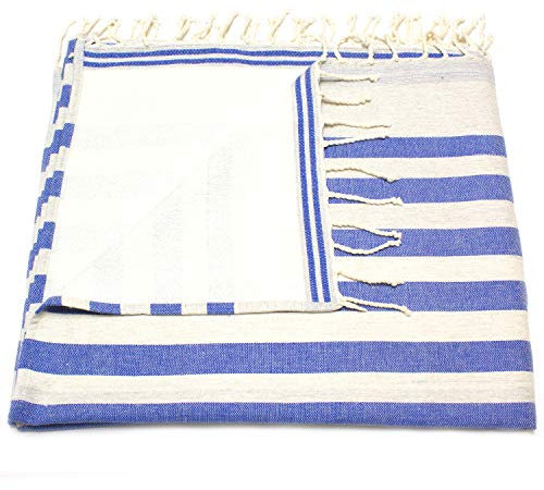 ANNA ANIQ Fouta Hamamtuch mit Frottee (eine Seite) - XXL Extra Groß 100x180 cm Strandtuch Saunatuch - 100% gekämmte Baumwolle, Bade-Tuch, Yoga-Decke, Pestemal, Strand-Handtuch (Blau gestreift)