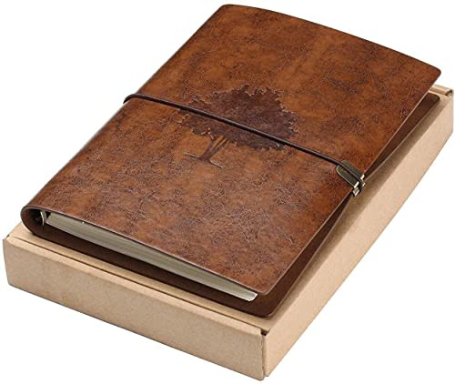 A5-anteckningsbok i läder, bok i vintagestil, läderdagbok, resedagbok, linjerad spiralanteckningsbok med elastiska band, gåva för kvinnor, män, flickor, pojkar, studenter (brunt träd)