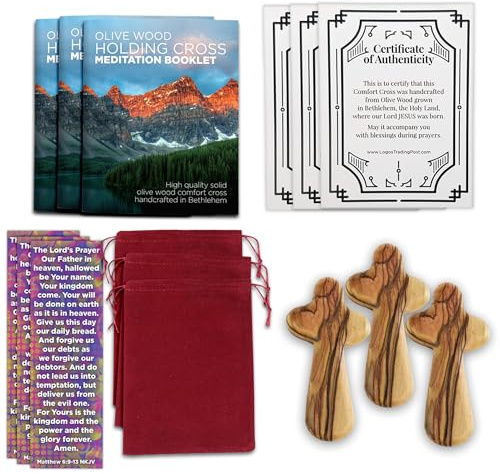 Deluxe Holding Cross Prayer Cross for Hand w/ Velvet Bag - Holy Land Olive Wood Cross - Medium Comfort Cross Pocket Cross, Meditation Booklet & Authenticity Certificate - Christian Gift for Prayer