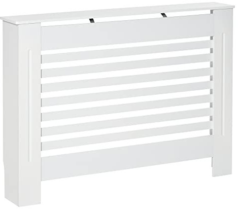 HOMCOM Copritermosifone in Legno Bianco per Caloriferi e Radiatori, con Struttura a Doghe e Ripiano, 112 x 19 x 81cm