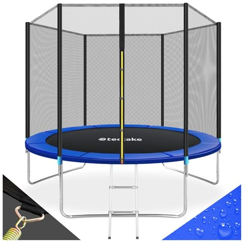 tectake® Studsmatta med skyddsnät, stege & kantskydd - utomhus/inomhus studsmatta för barn & vuxna, starka stålfjädrar, vadderade nätstolpar, enkel montering - 305 cm