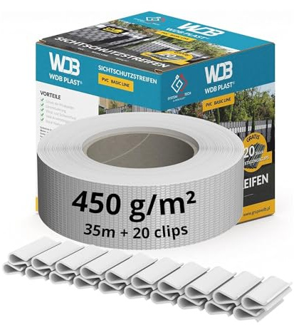 WDB Basic Line - Tiras de protección Visual de PVC, protección Visual para Valla de jardín, Valla de Doble Varilla, 47,5 mm x 35 m + 20 Clips de fijación, rieles de sujeción Blancos