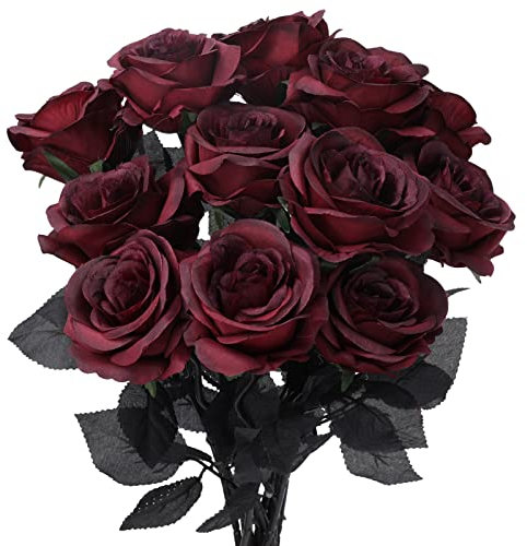 Whaline 12 Stück künstliche Seidenrosen, Rotweinrosen, lebensechte romantische künstliche Rosen, langer Stiel für Valentinstag, Hochzeit, Jahrestag, Geburtstag, Party, Zubehör, Tischdekoration