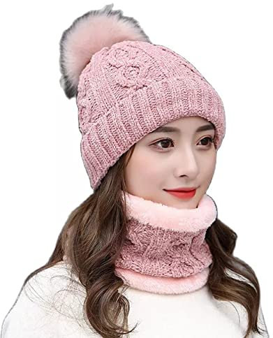 WLLLTY Mütze Damen Winter Strickschal Mütze Anzug Lätzchen Wärme Ring Hals Schal Mütze Zweiteiliger Anzug