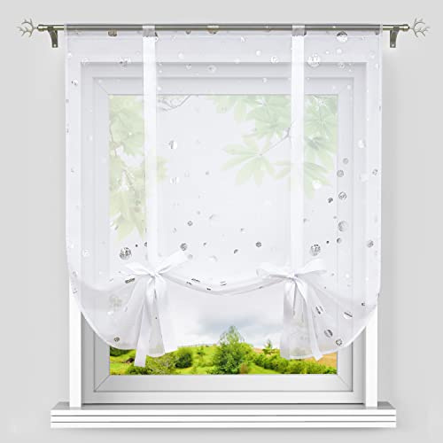 Heichkell Raffrollo mit Tunnelzug Voile Raffgardine Modern Kleinfenster Küchengardine Glänzende Kreise-Dekomuster Silber BxH 80x140 cm