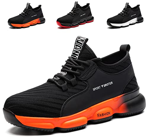 Xleeyt Men's and Women's Steel Toe Safety Sneakers - Lightweight Non-Slip Safety Shoes - Industrial Safety Shoes, Black/Orange, 42 1/3 EU