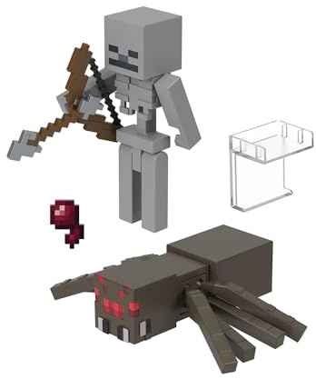 Mattel Minecraft - Set da 2 personaggi Scheletro Guerriero e Ragno, action figures alte 8+ cm con 2 accessori inclusi, design pixelato ispirato al videogioco, giocattolo per bambini, 6+ anni, HLB29