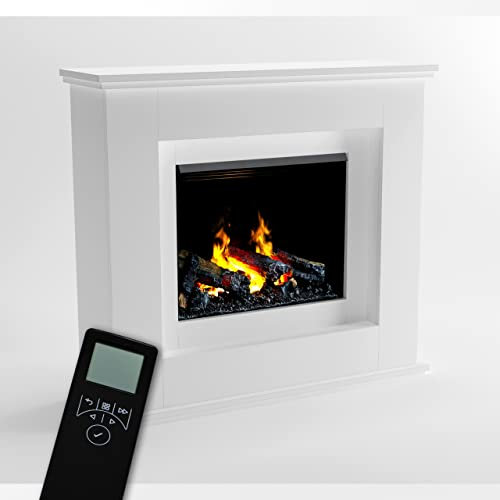 GLOW FIRE Cheminée à Vapeur d'eau Athene - Cheminée électrique avec Chauffage et feu de cheminée - Console en Bois avec Insert LED Opti-myst breveté, 122x118x37 cm - Blanc