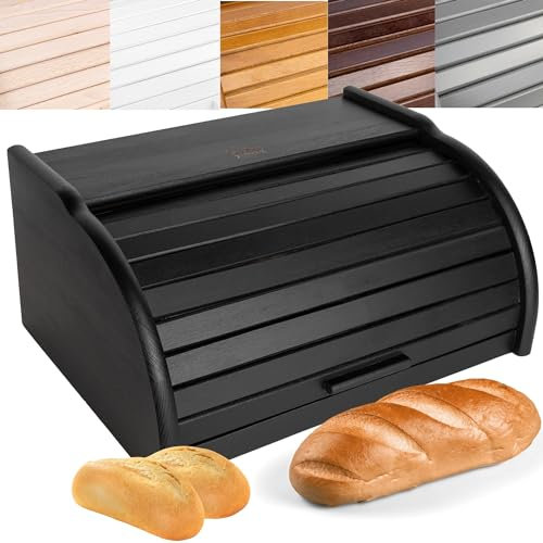 Creative Home Porta-Pane Legno Nero | Moderno | 38x28,5x17,5cm (+/-1cm) | Contenitore Pane | Coperchio Scorrevole Avvolgibile | Apertura Frontale a Scomparsa | Faggio Naturale | Accessori Cucina