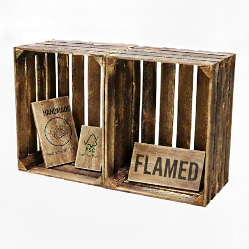 Teramico Holzkisten geflammt 50x40x30cm (2 x ohne Boden) | Geflammte Vintage Weinkisten im Set als Regal oder zur Aufbewahrung nutzen. Perfekt für stilvolle Dekoration im Wohnzimmer.