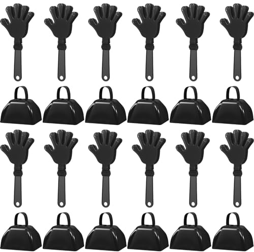 ZCYSRLQIN 24 Pcs Hand Clappers and Metal Cowbells Noise Makers Cheering Clappers Cow Bells Handle Cheers Dance Basketball Football Noise Makers Sporting Events Graduation School Sports Party (Black)