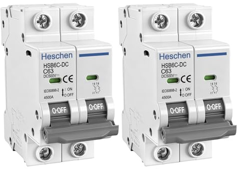 Heschen 2 Stück DC Miniatur-Leistungsschutzschalter, HSB6C-DC, 2 Polig, DC500V 63A, Photovoltaik-Leistungsschalter, für Solar-PV-Anlage Solarzellen Gittersystem, 35mm DIN-Schienenmontage