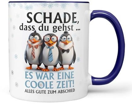 Keramiktasse Kaffeetasse | Pinguin | Schade dass du gehst coole Zeit | Tasse mit Spruch | Geschenk zum Abschiedsgeschenk | Kollege | Keramik 330ml blau