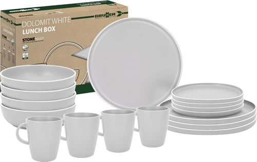 BRUNNER Melamin Geschirr Set Lunch Box Dolomit Stone Touch Camping Teller 16tlg Weiß