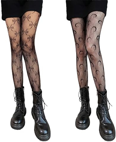 2 Paia Collant a Rete Donna Fantasia, Neri, Vita Alta Elastico Sexy Pizzo
