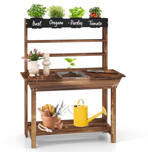 GOPLUS Cuisine Exterieur Enfant en Bois de Sapin, avec Evier Amovible, Tableau Intégré, 2 en 1 Table de Jardinage avec 4 Pots, Banc d'Empotage avec Rangement pour Enfants +3 Ans, Naturel