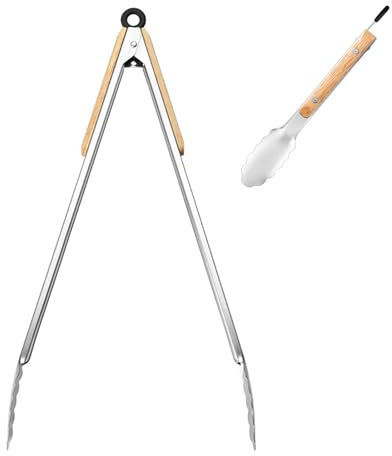 Pinze per arrosti, pinze per arrosti, resistenti e antiruggine, pinze per barbecue, pinze per barbecue con manico in rovere, pinze per grigliate all'aperto