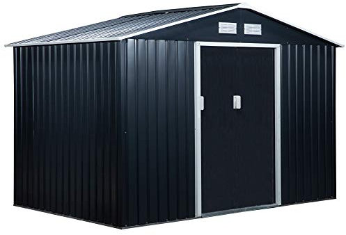 Outsunny Casetta da Giardino con Base e Doppie Porte Scorrevoli, Capanno da Giardino in Acciaio, 277x195x192 cm, Grigio Scuro