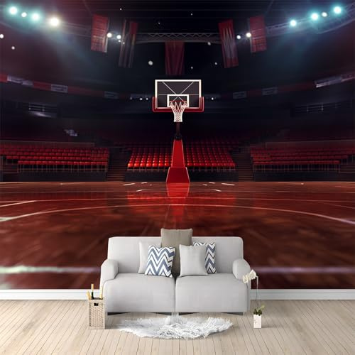 Papier Peint Mural 3D Terrain De Basket Rouge 250x175 cm Papier Peint Panoramique Poster Tapisserie Photo, Papier Peint intissé pour Chambre Salon Personnalisé Murale Décoration