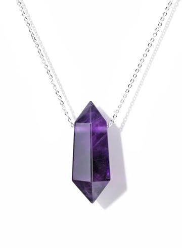 Jovivi Edelstein Amethyst Halskette Heilsteine Kette | Hexagon Säulen Anhänger mit Kette Kristall Halskette Amulett Healing Reiki Energiesteine Schmuck