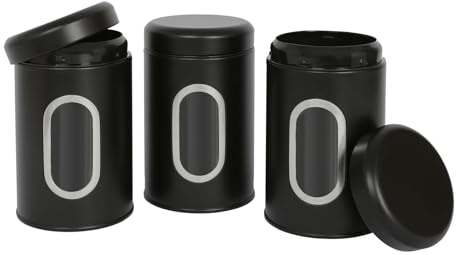 Harbour Housewares Tea Coffee Sugar Canisters Set - 3 Piece - Black Kitchen Canisters with Airtight Lids & Transparent Viewing Window - Stainless Steel Storage Tins for Kitchen Bench or Pantry