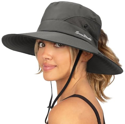 DRESHOW Damen Sonnenhut Outdoor UV-Schutz Hut faltbar Mesh breite Krempe Angeln Pferdeschwanz Strand Eimer Hüte