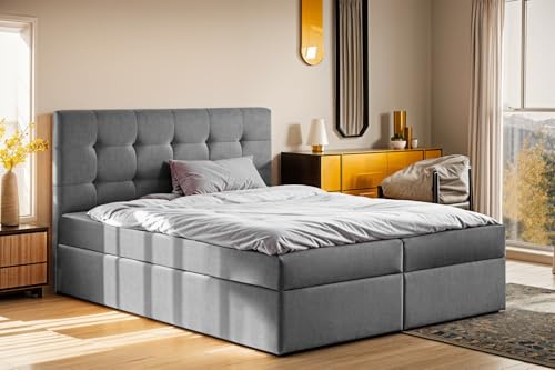 Kaiser Möbel - Bett 140x200 cm, Boxspringbett mit Matratze und Bettkasten, Polsterbett für Schlafzimmer, Jugendzimmer, Doppelbett mit Stauraum und Gepolstertes Kopfteil, Bonellmatratze - LUDANO - Grau