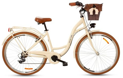 Goetze Style 26 Zoll Jugend Citybike, 17 Zoll Tiefeinsteiger Aluminiumrahmen, 3-Gang Nabenschaltung, Rücktrittbremse, V-Bremse vorne, LED-Beleuchtung, Rattankorb, Komfortsattel, mit Ständer & Klingel