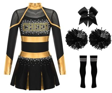 Kvysinly Déguisement Pompom Girl Robe Deguisement Pompom Girl Enfant Fille Pompoms et Chaussettes Costume Cheerleading Cosplay Halloween Carnaval Or et noir 13-14 ans